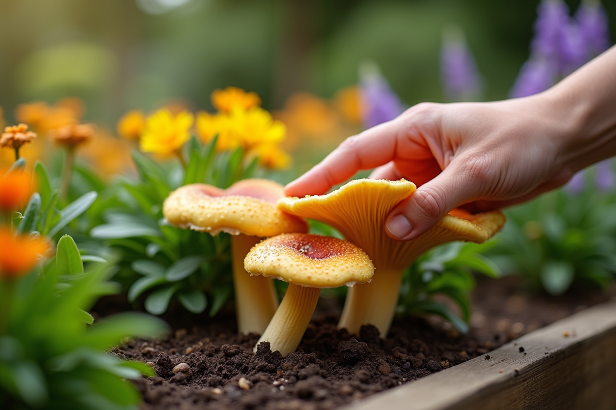 Jardinier plantant des chanterelles dans un jardin fleuri