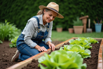 Jardiniere en overalls coupant cuivre autour de la laitue