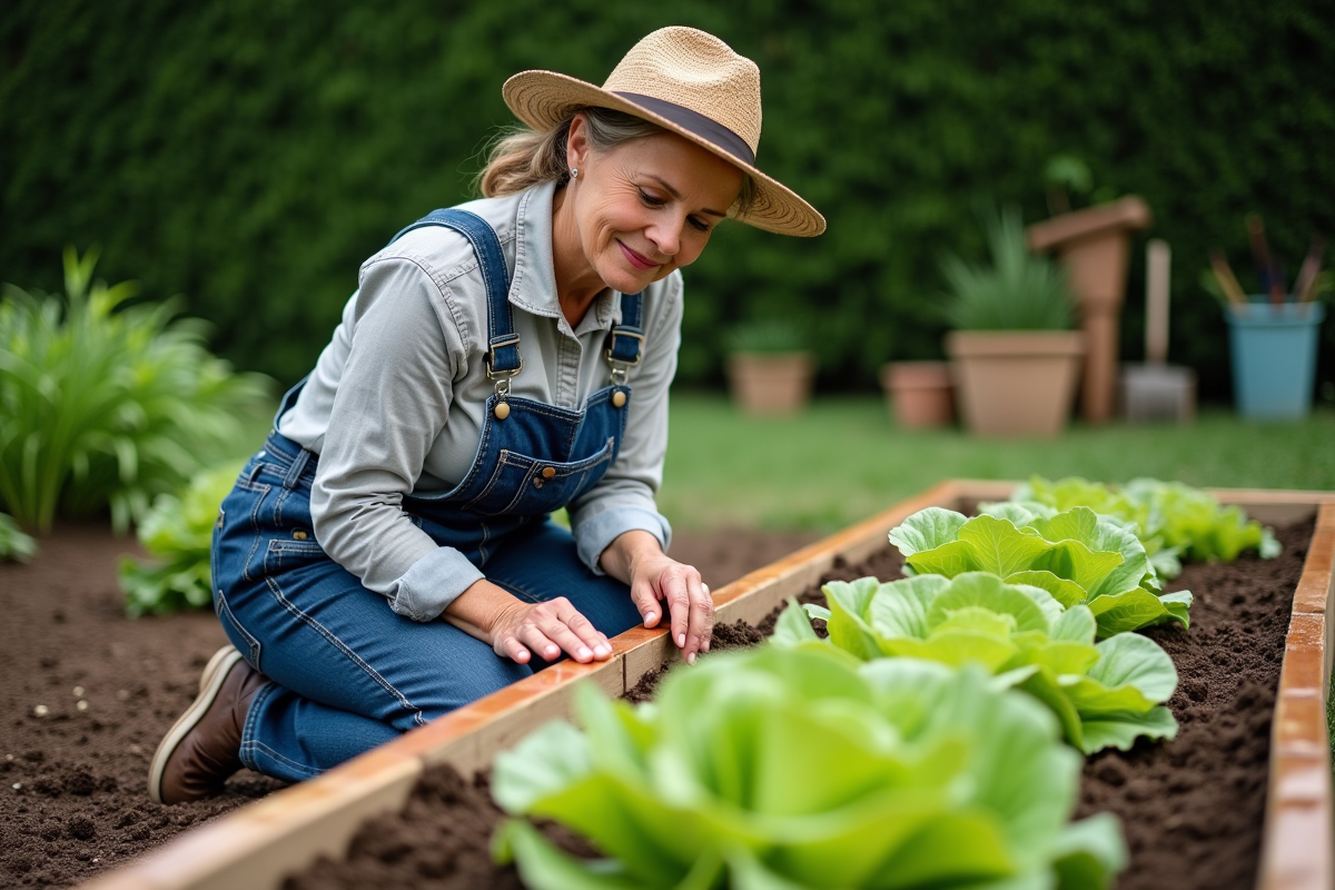 Jardiniere en overalls coupant cuivre autour de la laitue