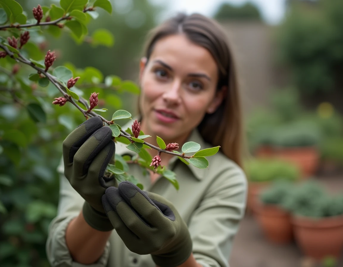 Jardinière examinant de près les fleurs du Pittosporum Kohuhu dans un jardin privé