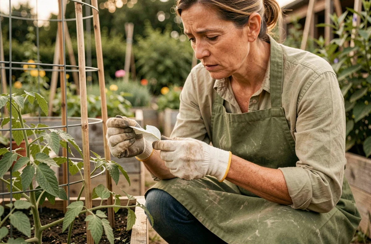 Jardinière inspectant des feuilles de tomate blanchies dans un potager avec des bacs en bois surélevés