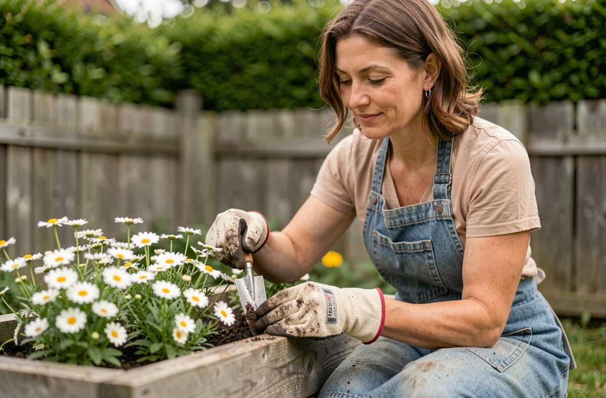 Jardinière soignant des pâquerettes et brunelles dans un bac en bois surélevé dans un jardin résidentiel