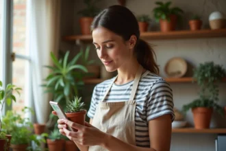 Femme jardinière urbaine identifiant une plante succulente avec l'application PlantNet sur smartphone dans un appartement