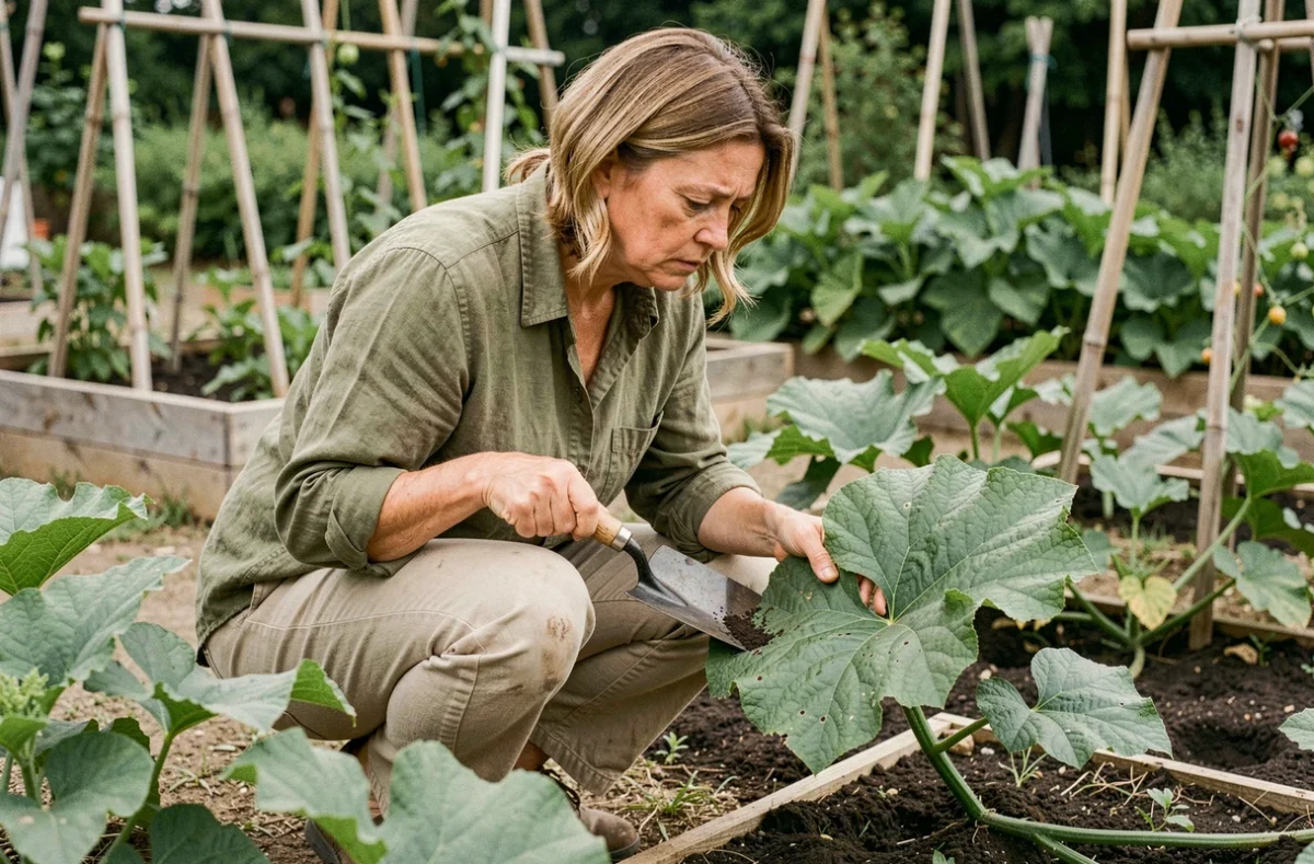 Femme jardinière inspectant les feuilles de son potager pour détecter la présence de cafards noirs