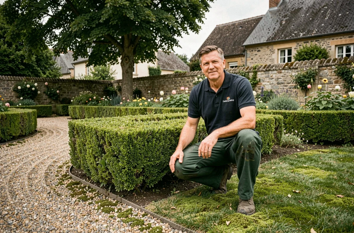 Jardinier professionnel entretenant un jardin soigné dans le Pas-de-Calais, illustration du top 10 des jardiniers à domicile 2026