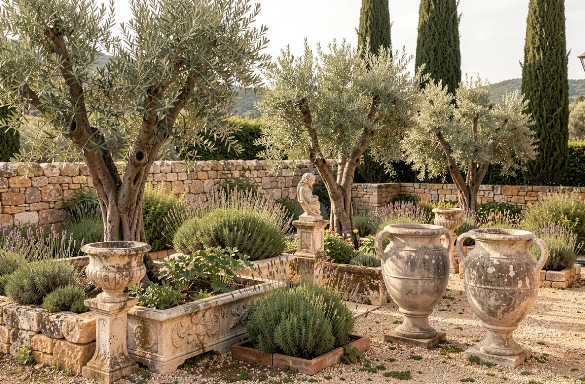 Les Jardins de Glanum à Saint-Rémy-de-Provence avec des oliviers, des herbes aromatiques et des ornements en pierre de style romain