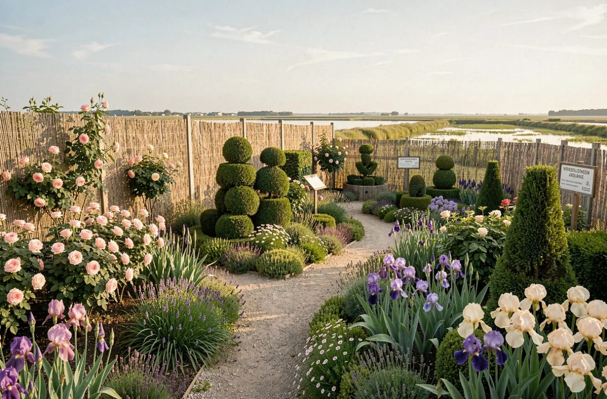 Allée fleurie des Jardins de Morelle à Arles avec des rosiers, des iris et des topiaires dans un cadre inspiré de la Camargue