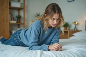 Jeune femme inspectant un insecte rouge sur le lit
