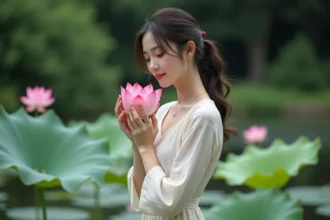 Jeune femme avec lotus rose dans un jardin calme
