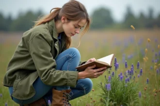Jeune femme examinant des violettes dans un pré naturel