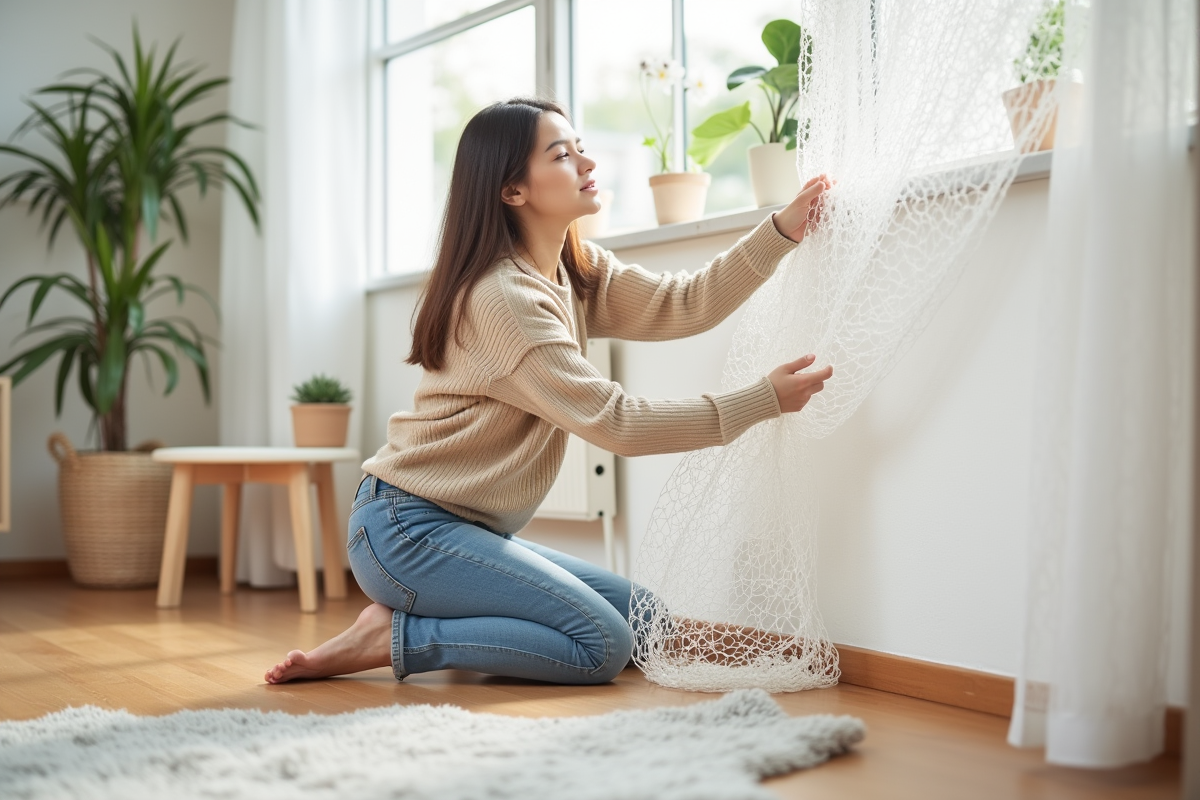 Jeune femme posant un filet décoratif sur un mur intérieur lumineux