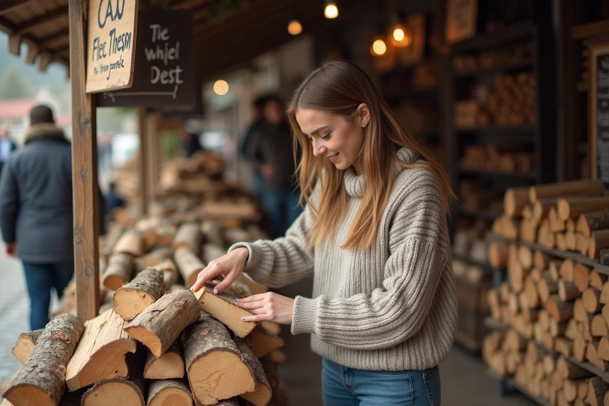 Jeune femme examinant du bois de chauffage au marché
