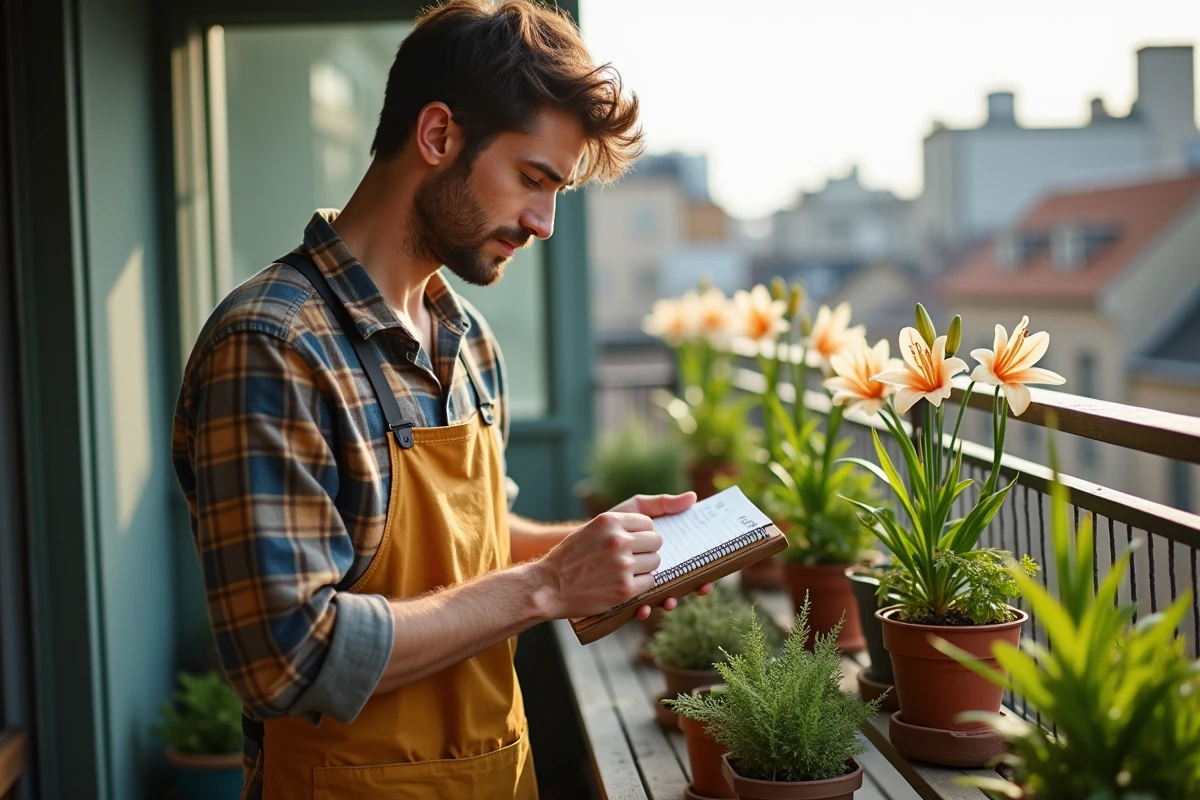Jeune homme en chemise à carreaux et tablier regardant un carnet sur un balcon en ville
