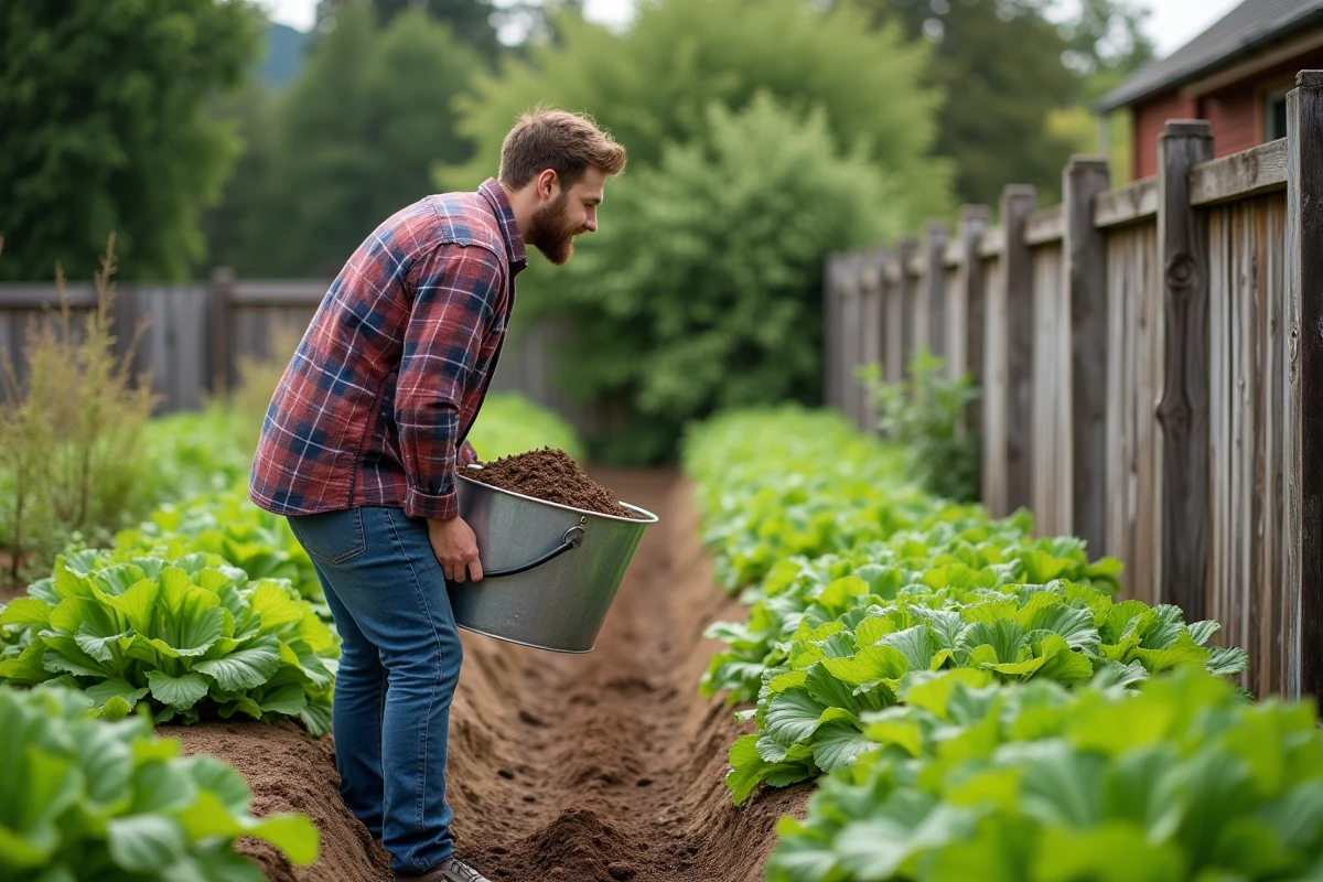 Jeune homme avec seau de compost dans jardin potager