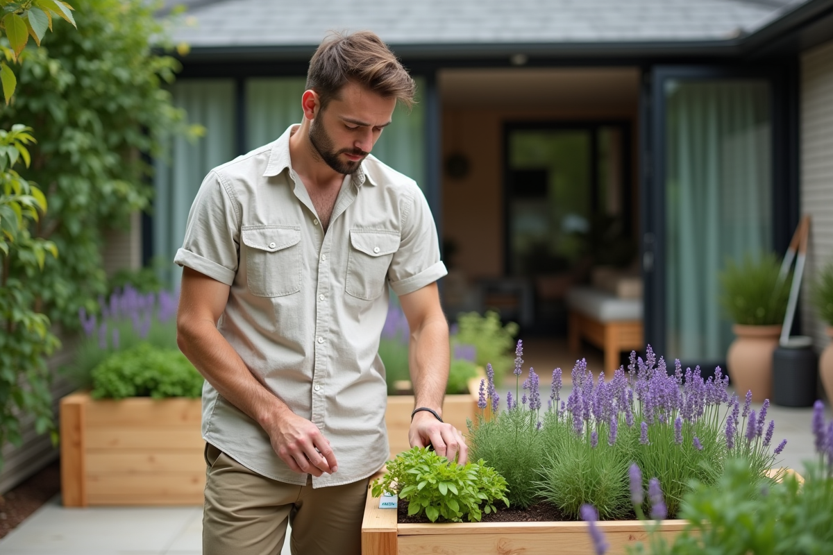 Jeune homme labelle des plantes aromatiques dans le patio