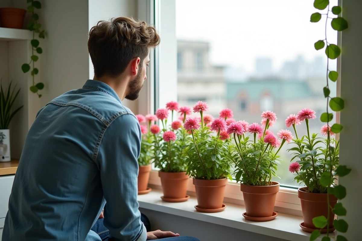 Jeune homme regardant des lisianthus sur une fenêtre lumineuse
