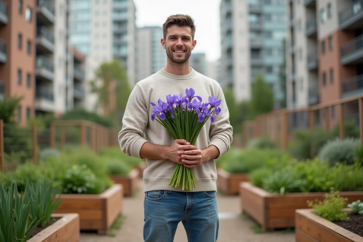 Jeune homme tenant un bouquet d