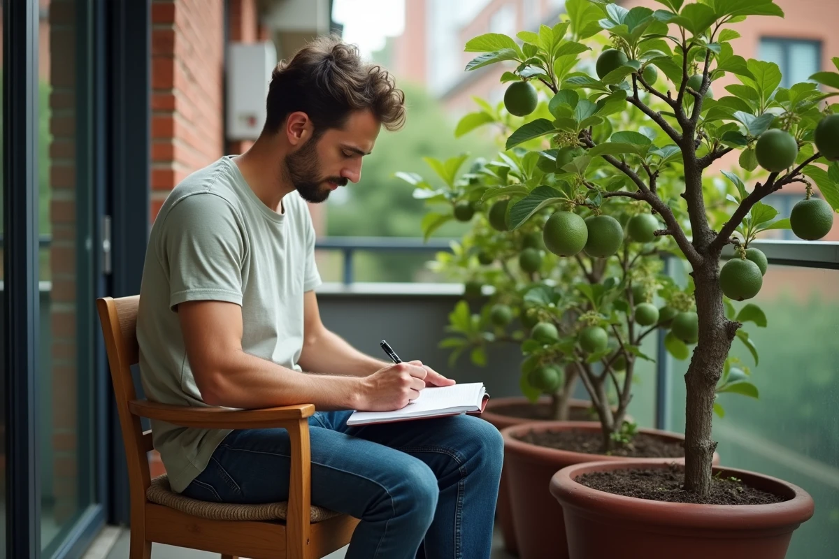 Jeune homme observant un goyavier en pot sur son balcon