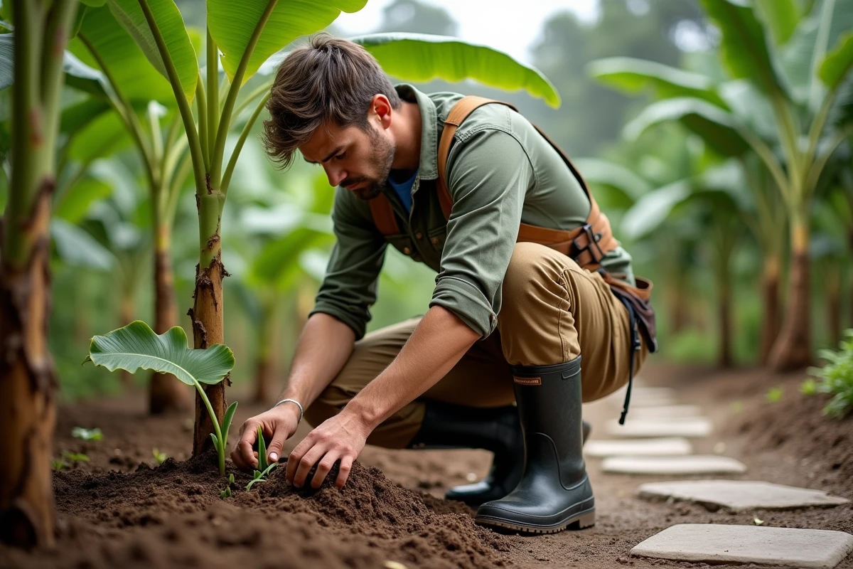 Jeune homme inspectant des rejets de bananier dans son jardin