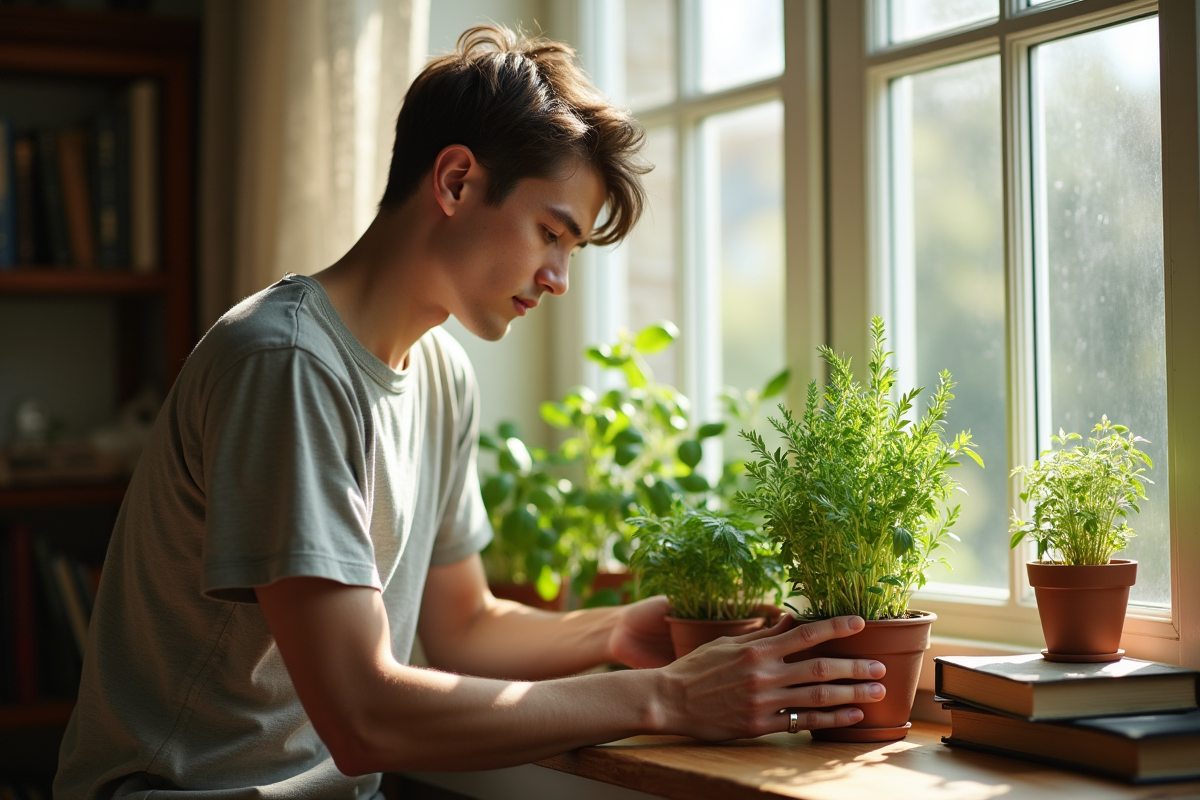 Jeune homme arrangeant des plantes aromatiques dans une pièce lumineuse