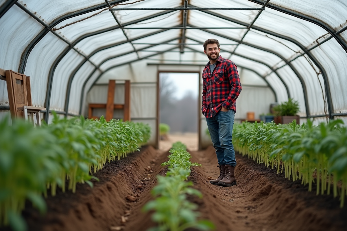 Jeune homme observant ses plants de tomates dans la serre