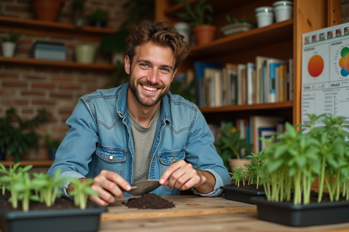 Jeune homme repotant des plants de tomates à l