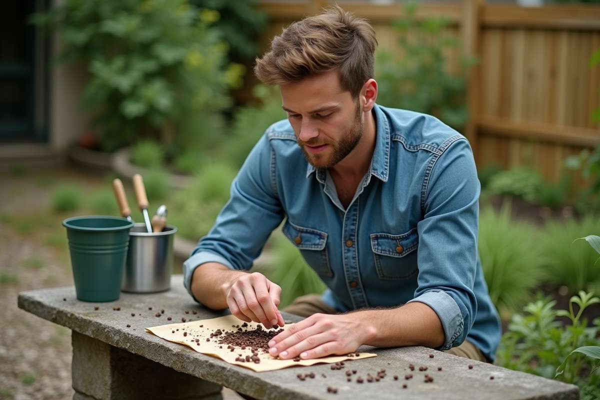Jeune homme versant des graines de tomate sur un essuie-tout