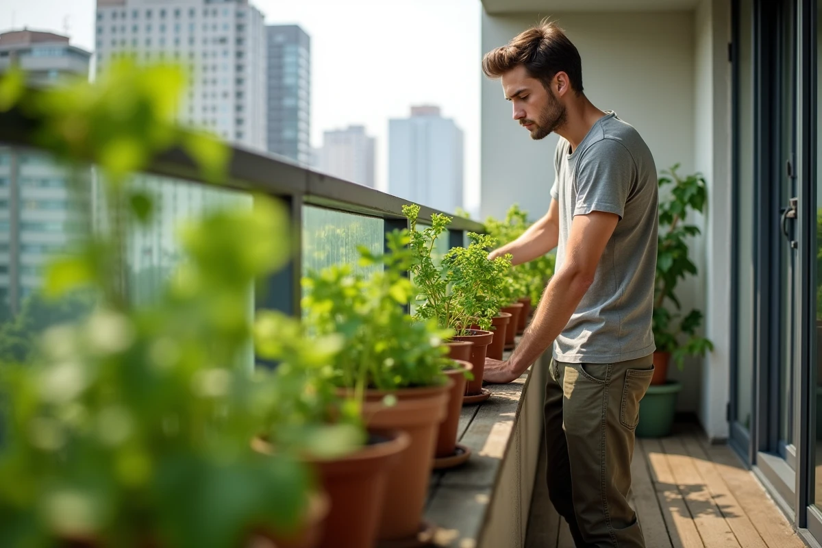 Jeune homme vérifiant la croissance des vignes de patates douces