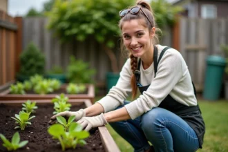 Jeune femme en jardinage plantant des semis dans un lit surélevé