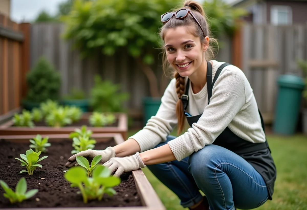 Jeune femme en jardinage plantant des semis dans un lit surélevé