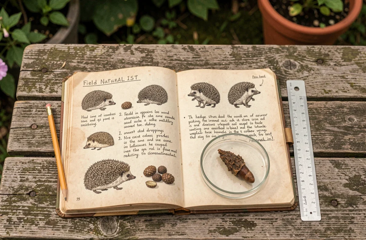 Journal naturaliste ouvert avec croquis et notes sur les crottes de hérisson, échantillon en boîte de Petri posé sur table en bois de jardin