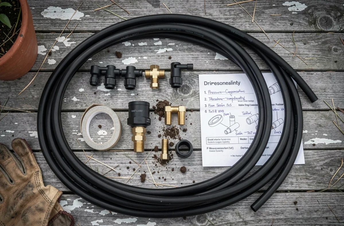 Vue aérienne des composants d'un kit de modernisation d'arrosage goutte-à-goutte disposés sur un établi en bois extérieur