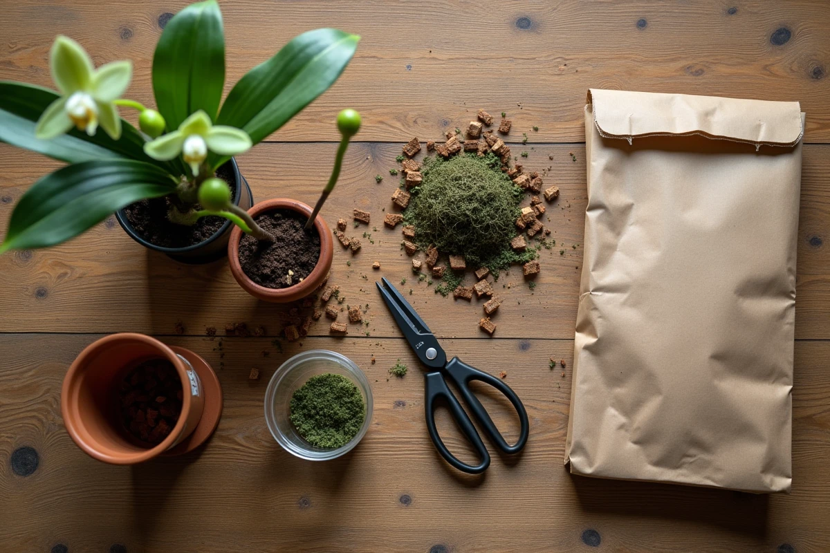 Vue du dessus d'un kit de rempotage d'orchidée avec pot, écorce de pin, mousse sphagnum et sécateur sur table en bois
