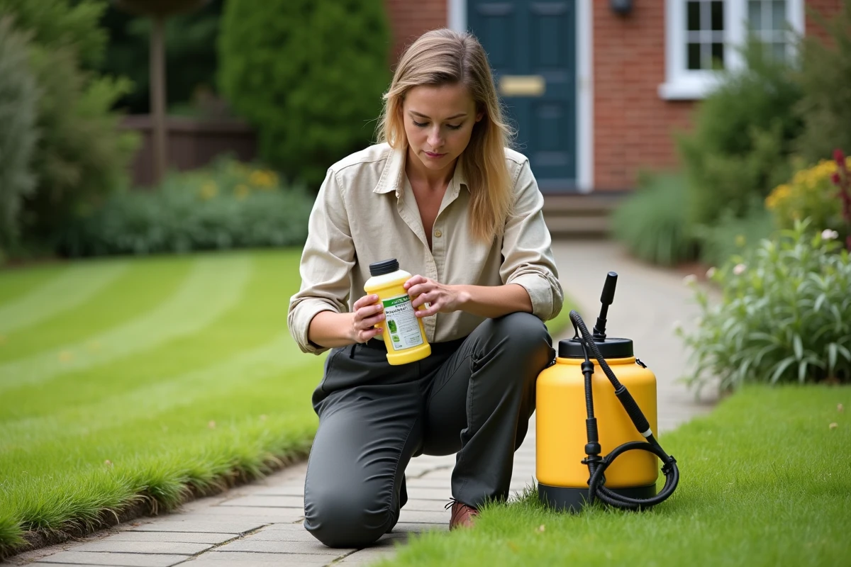 Femme lisant l'étiquette d'un herbicide sélectif liquide avant traitement de la pelouse au printemps