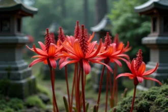 Fleurs de Lycoris radiata rouge vif poussant dans un cimetière japonais traditionnel entouré de lanternes en pierre et de pierres tombales moussues