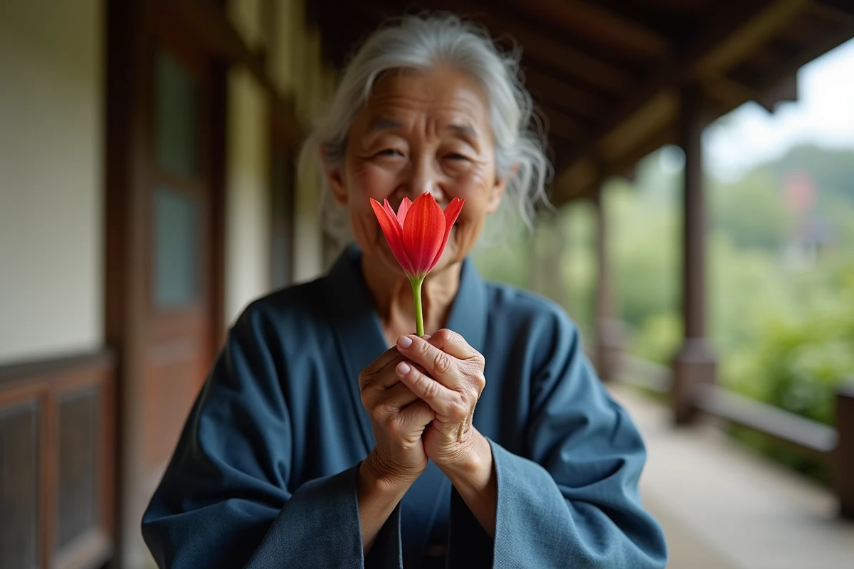 Main d'une femme âgée tenant délicatement une fleur de Lycoris radiata rouge sur la véranda d'une maison traditionnelle japonaise