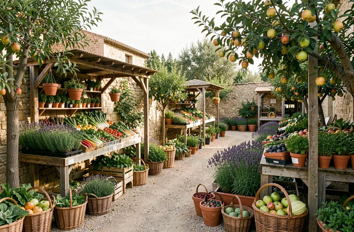 Stand de vente à Ma Ferme à Éguilles avec des légumes biologiques, des herbes en pot et des arbres fruitiers dans un cadre champêtre