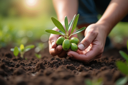 Main de jardinier plantant une olive fraîche dans le sol