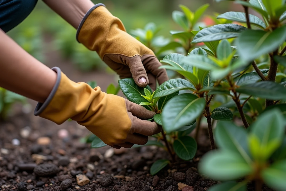 Mains en gants retirant des feuilles abimees du rhododendron