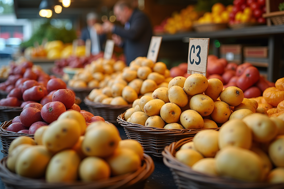 Vendeur au marché avec différentes variétés de pommes de terre en paniers