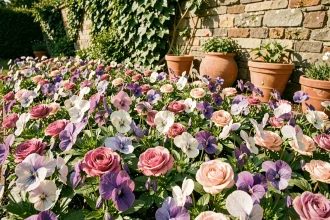 Massif de fleurs en -ette au soleil dans un jardin ensoleillé avec mur en pierre et pots en terre cuite