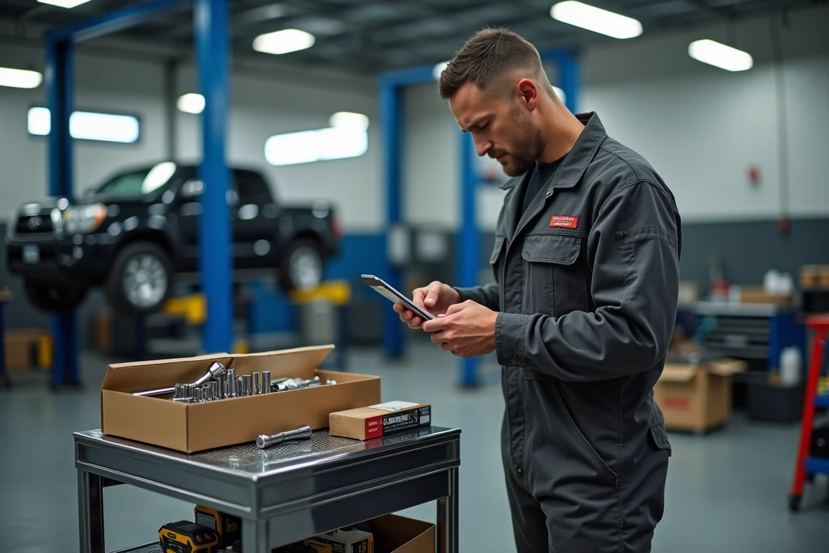 Mécanicien professionnel examinant la gamme d'outils Parkside Pro dans un garage automobile