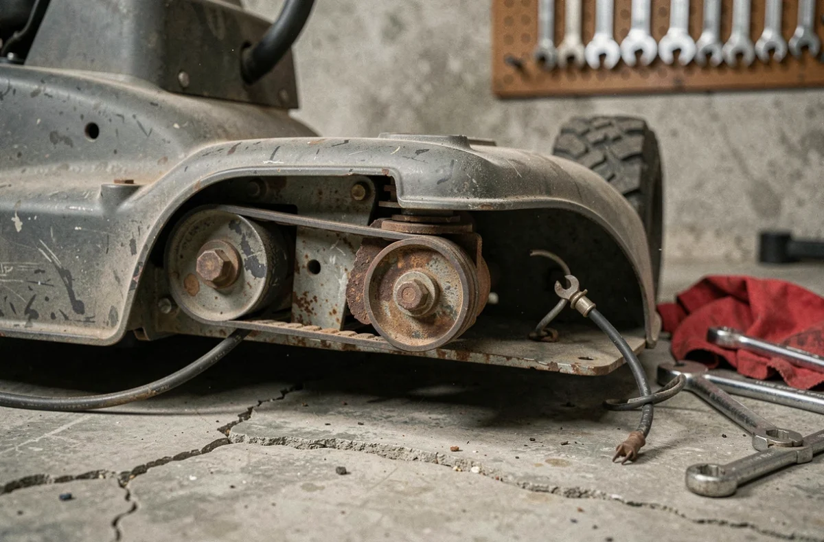 Mécanisme d'enclenchement de lame usé sur un tracteur tondeuse thermique avec courroie et câble PTO défectueux