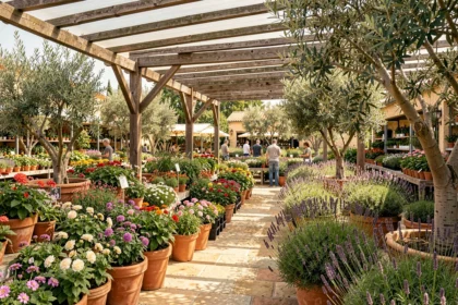 Vue d'ensemble d'une jardinerie en Provence avec des plantes colorées, des oliviers et des lavandes sous une pergola en bois