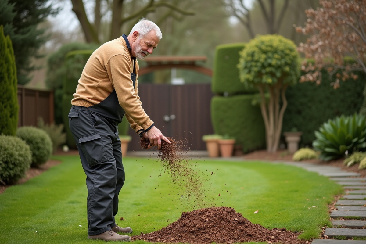 Homme en extérieur étalant du mulch dans le jardin