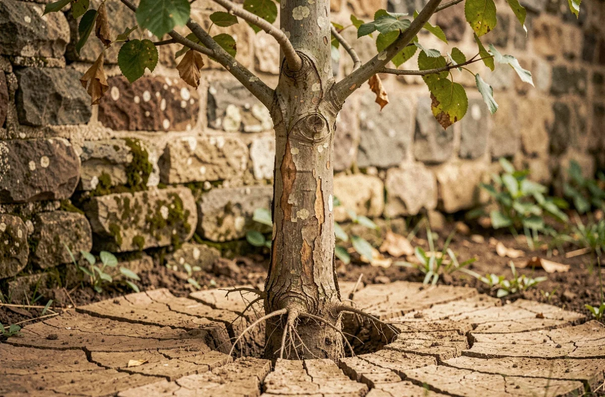 Jeune mûrier platane planté trop près d'un mur de jardin avec sol sec et racines exposées