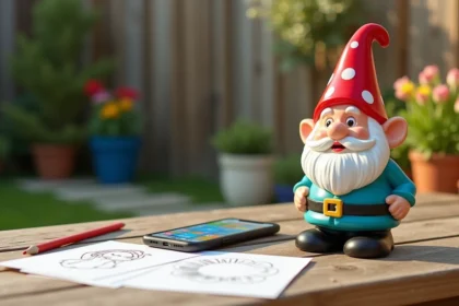 Nain de jardin en céramique posé près d'un smartphone avec une appli de jeux et des feuilles de doodles sur une table de jardin en bois