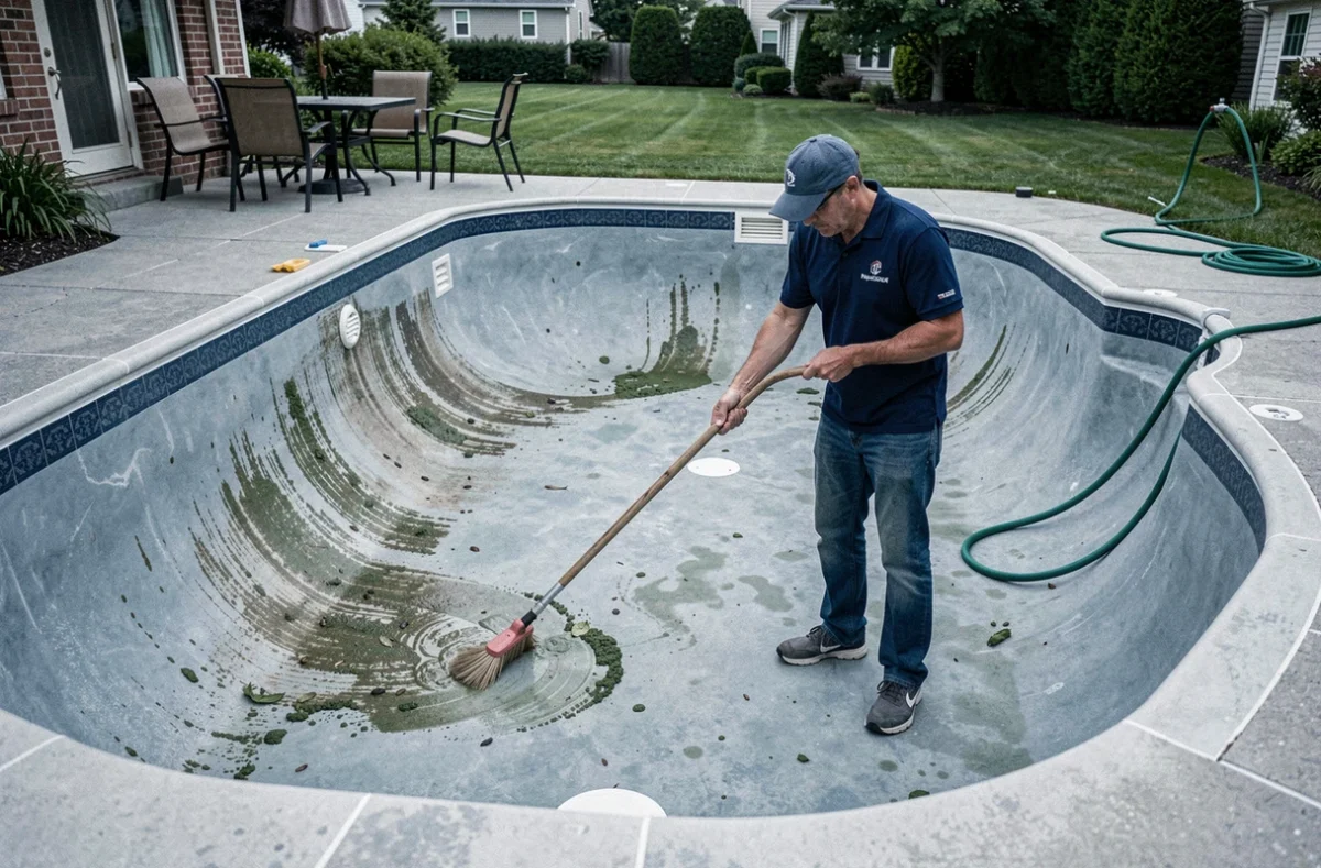 Technicien nettoyant les parois d'une piscine résidentielle pour éliminer les sources de contamination par les vers