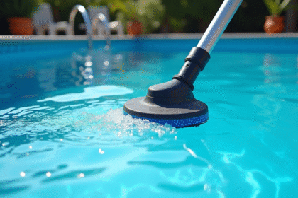 Personne utilisant un aspirateur manuel pour nettoyer le fond de la piscine