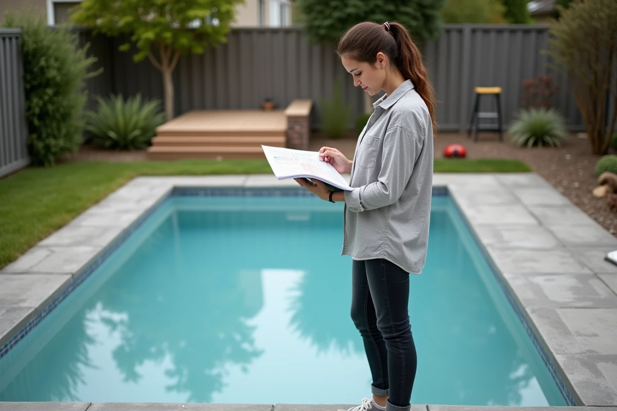 Femme consultant une notice d'installation de piscine coque au bord d'une piscine nouvellement posée